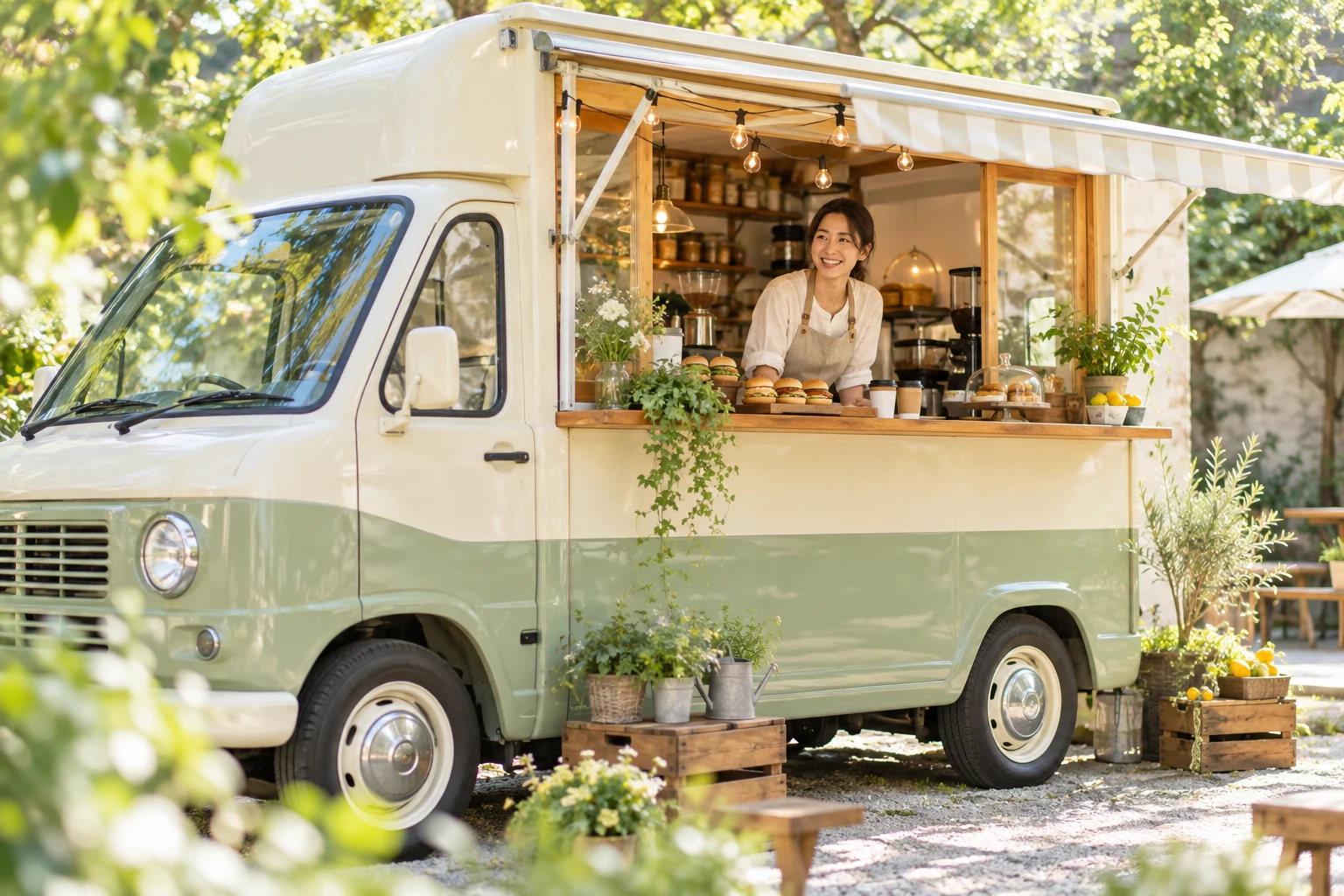 緑に囲まれたキッチンカーで自分のお店を始めるイメージ
